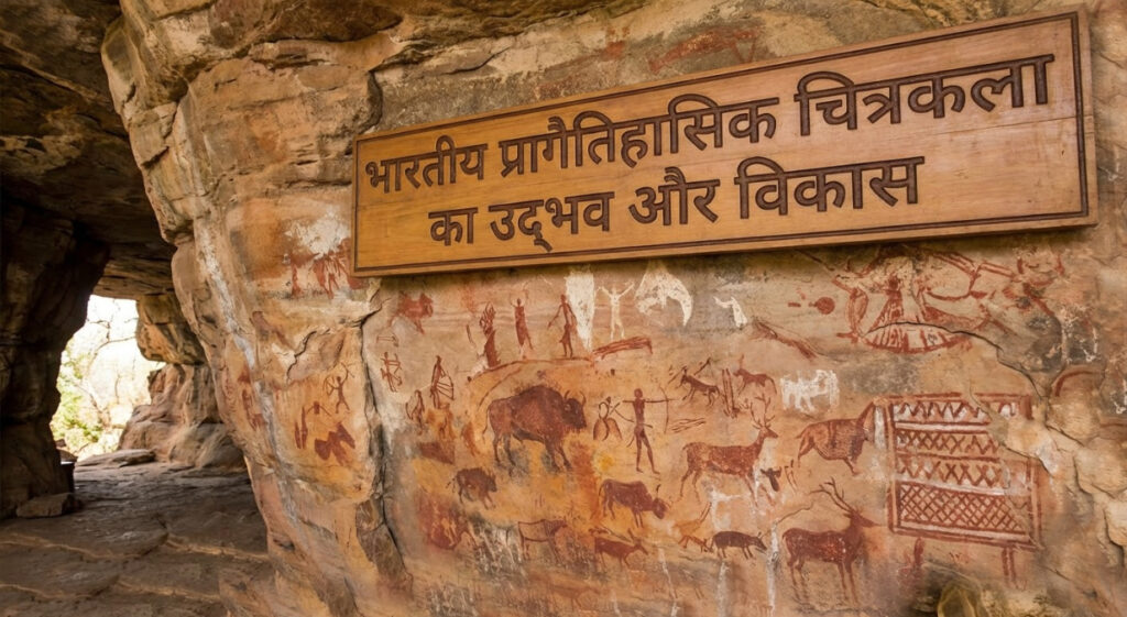 Ancient Indian prehistoric rock paintings on a cave wall depicting animals and hunters, representing the origin and development of Indian cave art